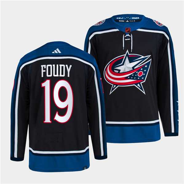 Mens Columbus Blue Jackets #19 Liam Foudy Navy 2022 Reverse Retro Stitched Jersey Dzhi